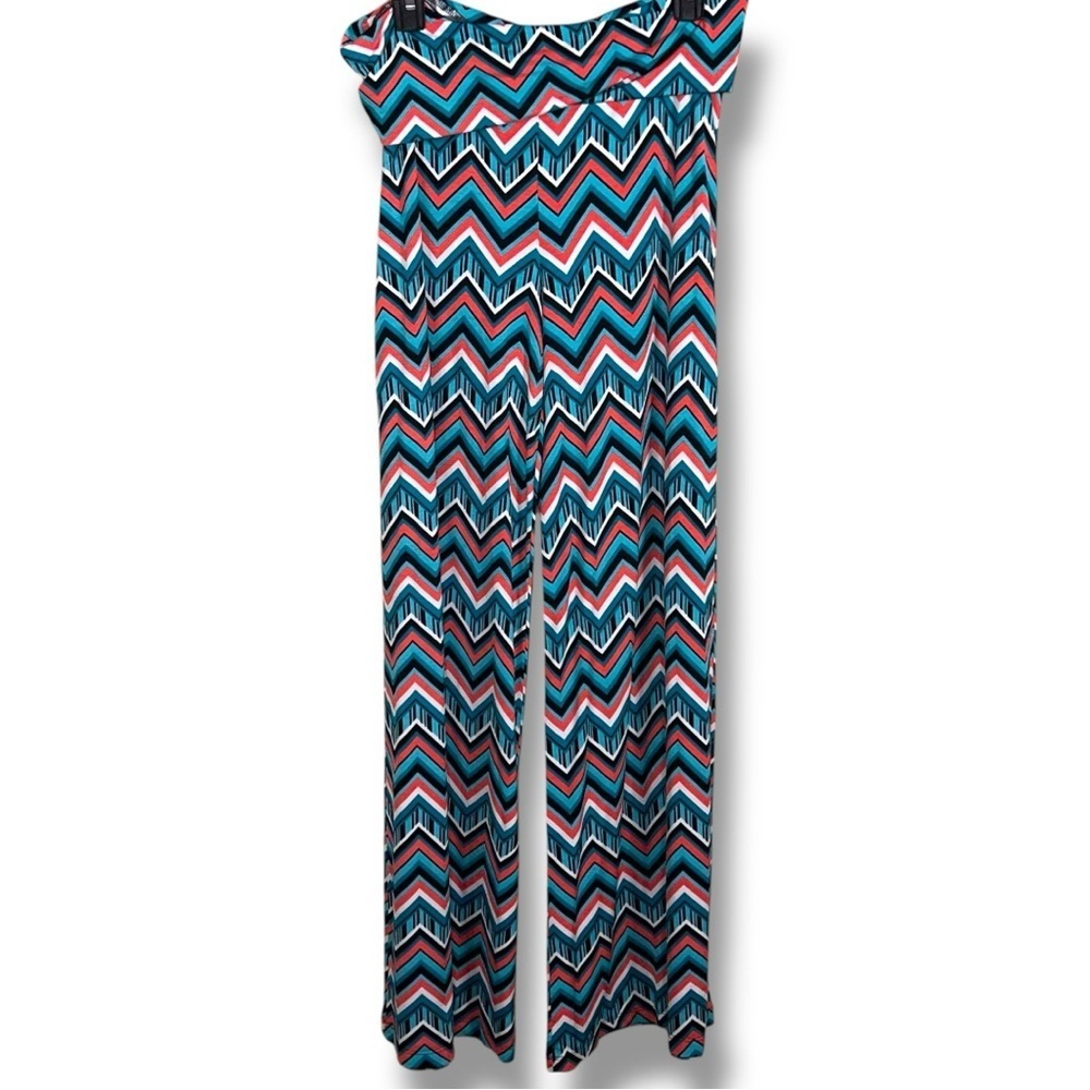 Large 2B Clothing Colorful Wide Leg Pants Stretch Chevron Teal Blue Boho